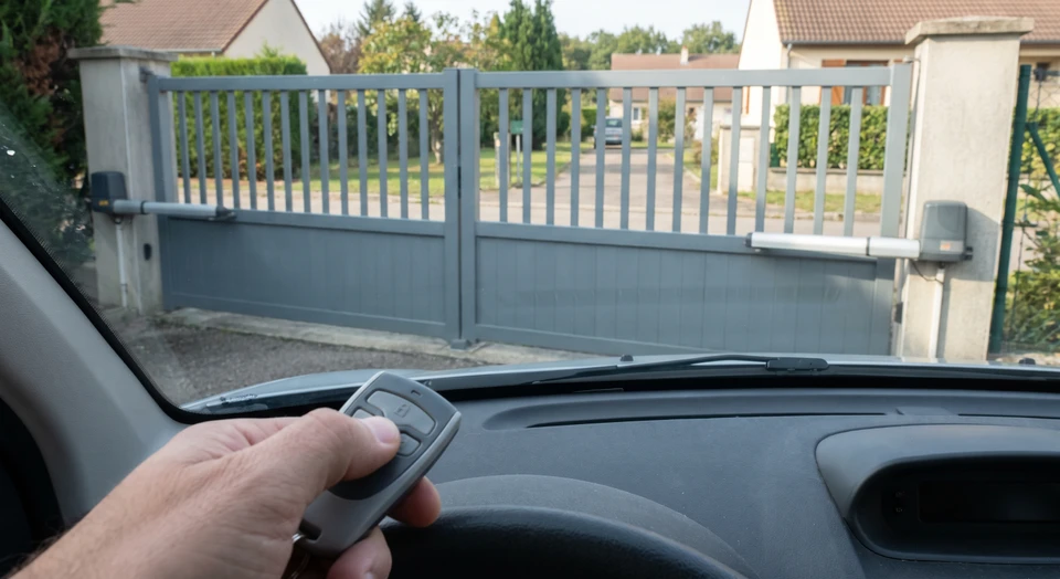 Main d'une personne appuyant sur le bouton d'une télécommande grise à l'intérieur d'un véhicule, avec vue à travers le pare-brise montrant un portail battant motorisé de style résidentiel s'ouvrant automatiquement en arrière-plan. Scène en lumière naturelle, sans pluie, portail métallique gris clair avec barreaux ou panneaux lisses, moteur visible sur un pilier.