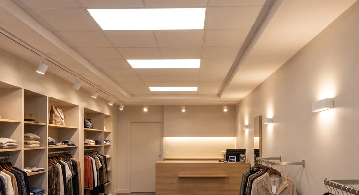 Électricien en tenue professionnelle tenant un luxmètre face à une installation d'éclairage LED moderne encastrée au plafond d'un local professionnel, mesurant l'intensité lumineuse pour validation technique. Le luxmètre et l'éclairage sont clairement visibles, l'électricien concentré sur sa mesure en local bien éclairé type bureau ou commerce.