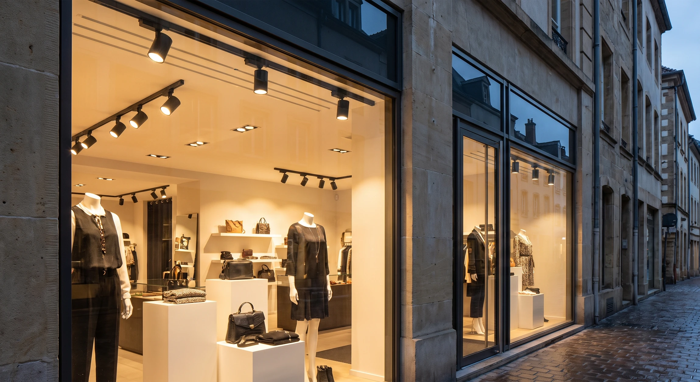 Vitrine d'un commerce avec plusieurs projecteurs LED encastrés au plafond et orientables, éclairant les articles exposés en devanture et mettant en valeur les produits avec une lumière directe et chaude. Espace commercial moderne et accueillant.