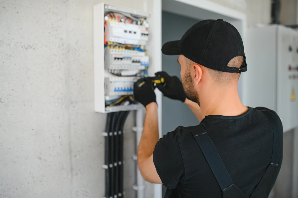 Électricien en tenue professionnelle de sécurité travaillant à l'intérieur d'un tableau électrique moderne aux normes NF C 15-100, effectuant un raccordement de câblage coloré sur disjoncteurs neufs et bornes de répartition, symbolisant une installation électrique protectrice et conforme aux standards de sécurité du foyer.