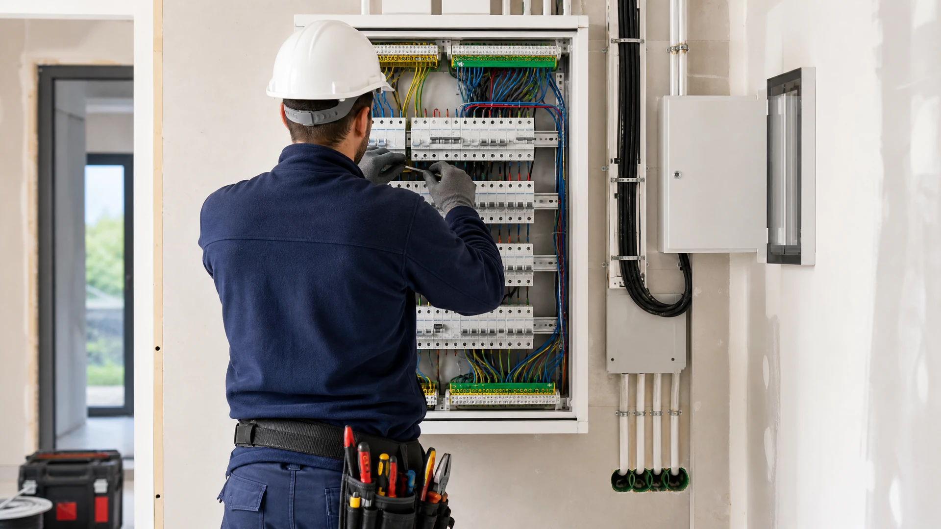 Électricien en tenue professionnelle et équipement de sécurité tirant et fixant des câbles électriques multicolores dans les gaines encastrées d'une cloison de maison en construction, ossature bois visible, chantier de bâtiment neuf en cours d'équipement.