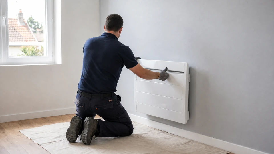 Électricien en tenue professionnelle vissant ou raccordant un radiateur électrique blanc au mur à l'aide d'une perceuse-visseuse, dans un intérieur résidentiel moderne, illustrant l'installation et la maintenance du chauffage électrique.